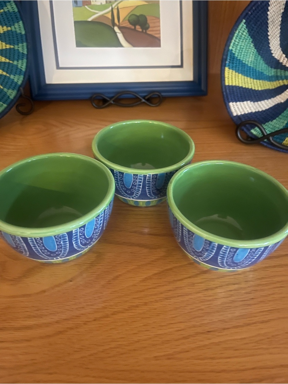 Certified International Green-Interior Blue-Patterned Ceramic Bowls - Set of 3